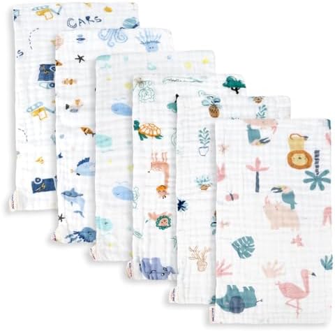 Muslin Baby Burp Cloths, White Animals