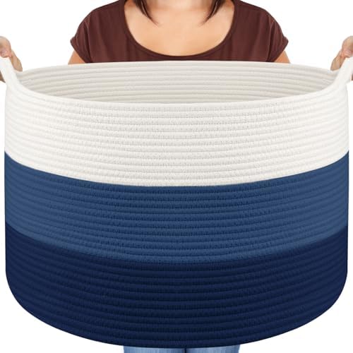 Woven Rope Blanket Basket Living Room, White & Blue