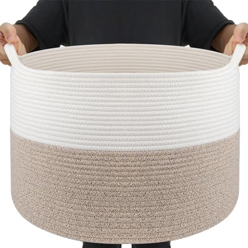 Woven Rope Blanket Basket Living Room, White & Brown