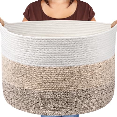 Woven Rope Blanket Basket Living Room, White & Gradient Brown