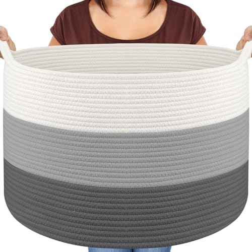 Woven Rope Blanket Basket Living Room, White & Grey & Black